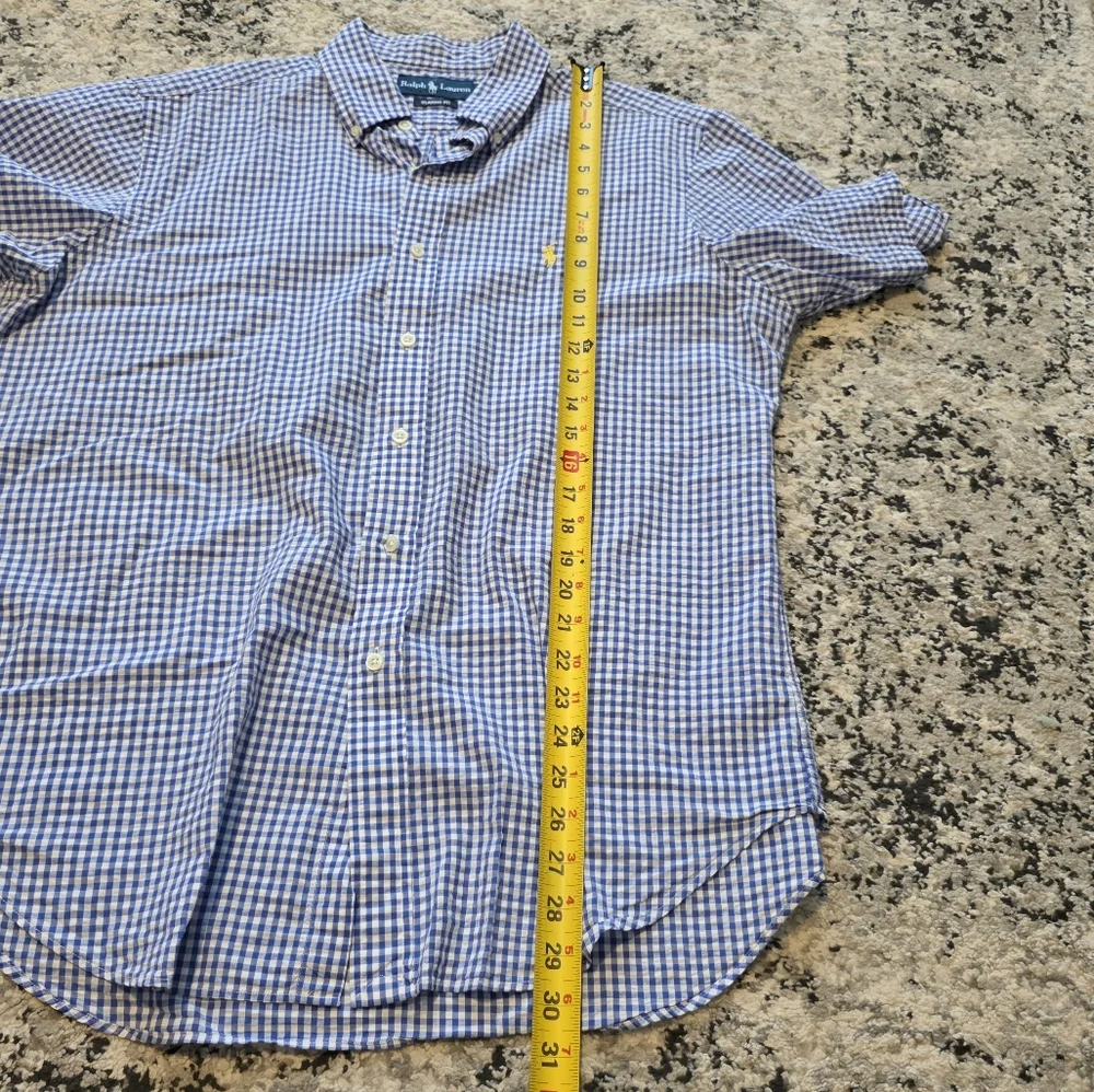 RALPH LAUREN Classic Fit Ginham Plaid Shortsleeve Button Down Mens L Blue White